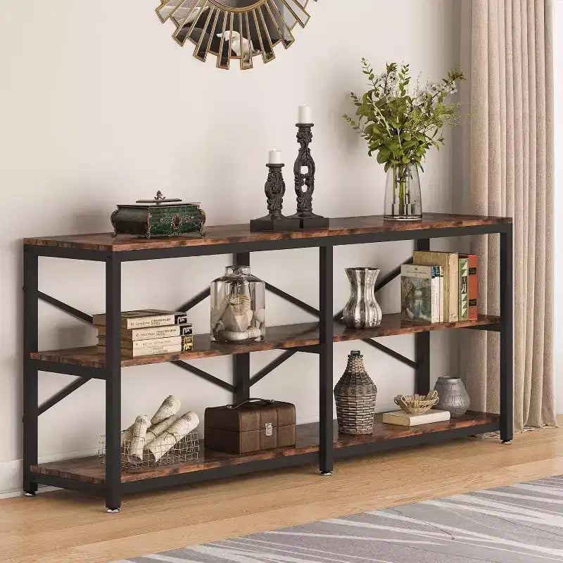 Mesa de consola extra larga de 70.9 pulgadas, mesa de sofá moderna con estantes de almacenamiento, mesa de entrada de pasillo industrial de 3 niveles para sala de estar, marrón
