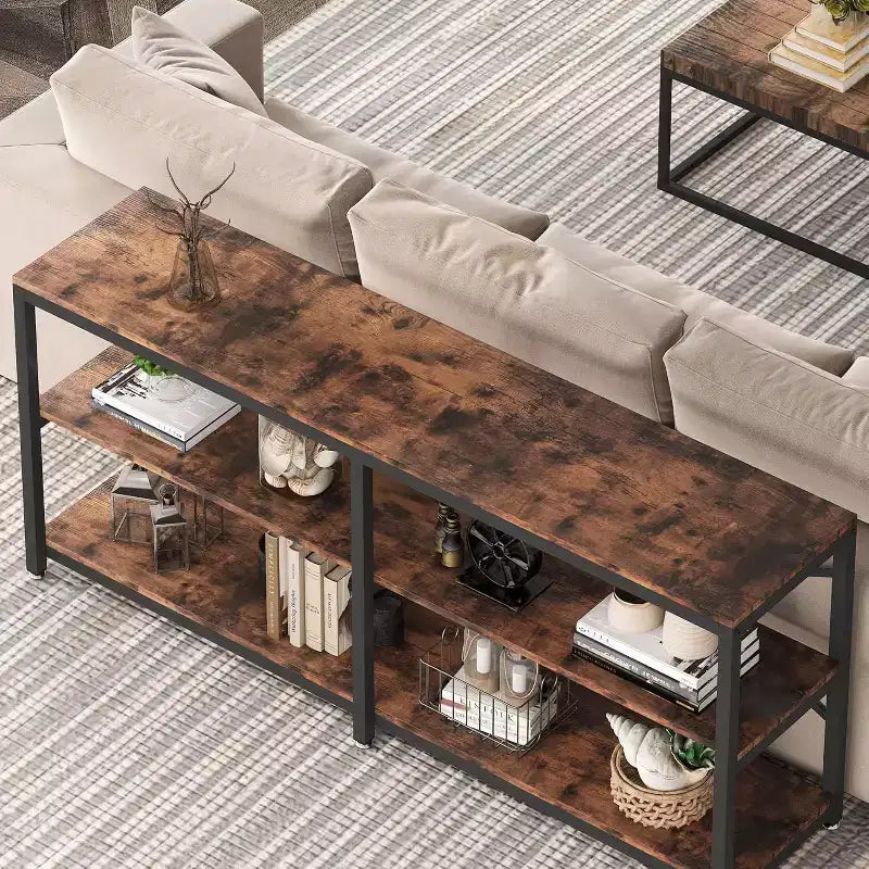 Mesa de consola extra larga de 70.9 pulgadas, mesa de sofá moderna con estantes de almacenamiento, mesa de entrada de pasillo industrial de 3 niveles para sala de estar, marrón