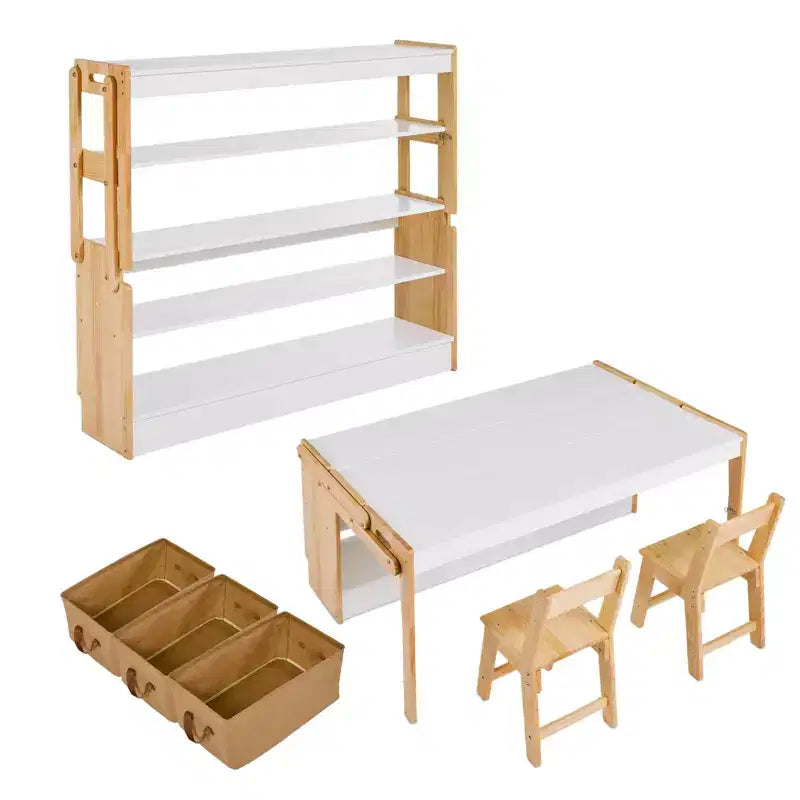 Art Table and 2 Chairs Set, 47 in Convertible Activity Desk with 3 Storage Boxes & Shelves