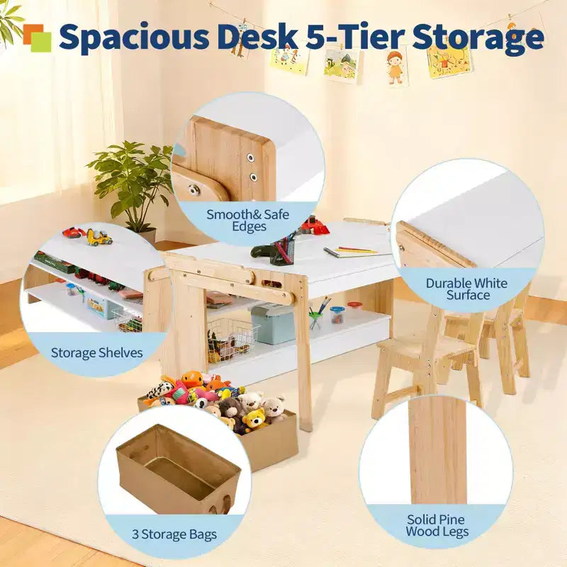 Juego de mesa y 2 sillas para arte, escritorio de actividades convertible de 119 cm con 3 cajas de almacenamiento y estantes