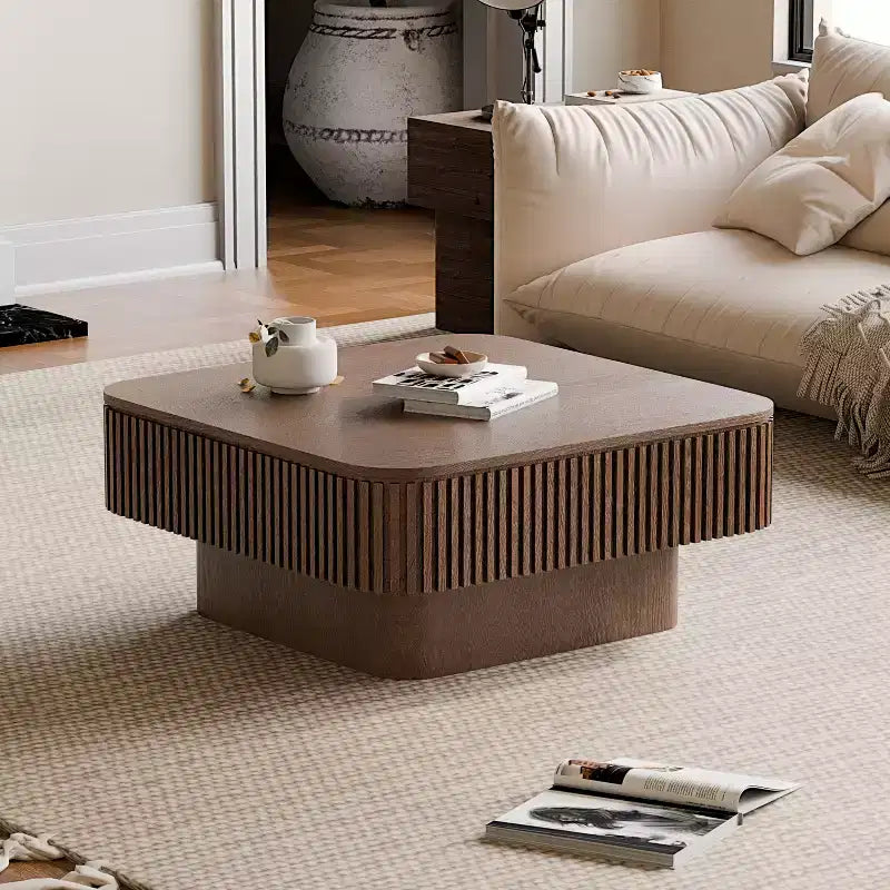 JVNOXK 31.5-inch Square Storage Coffee Table Solid Wood Veneer Modern Style Coffee Table Suitable for Living Rooms and Bedrooms Walnut