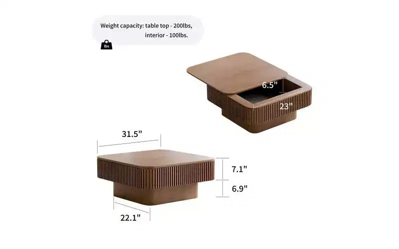 Mesa de centro cuadrada de almacenamiento de 31,5 pulgadas con chapa de madera maciza, estilo moderno, adecuada para salones y dormitorios, Nogal