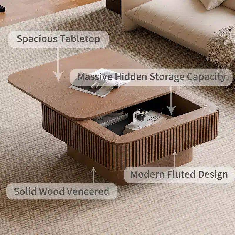 Mesa de centro cuadrada de almacenamiento de 31,5 pulgadas con chapa de madera maciza, estilo moderno, adecuada para salones y dormitorios, Nogal
