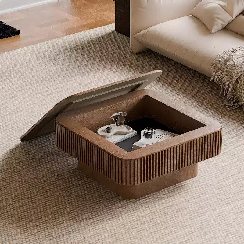 Mesa de centro cuadrada de almacenamiento de 31,5 pulgadas con chapa de madera maciza, estilo moderno, adecuada para salones y dormitorios, Nogal