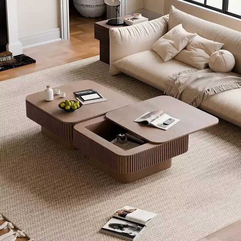 Mesa de centro cuadrada de almacenamiento de 31,5 pulgadas con chapa de madera maciza, estilo moderno, adecuada para salones y dormitorios, Nogal