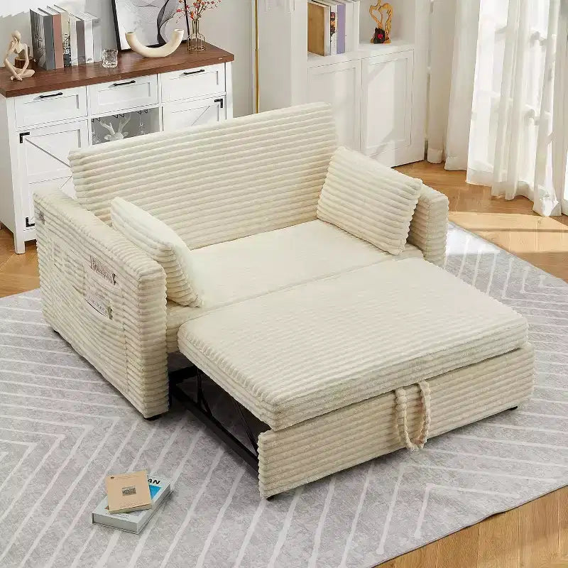 Sofá Cama Biplaza, Sofá Cama Extraíble con Puertos de Carga y Bolsillos Laterales, Sofá de Pana con Respaldo Ajustable para Sala de Estar, Dormitorio