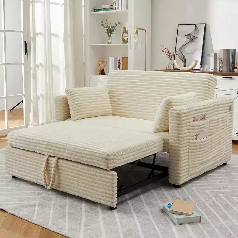 Sofá Cama Biplaza, Sofá Cama Extraíble con Puertos de Carga y Bolsillos Laterales, Sofá de Pana con Respaldo Ajustable para Sala de Estar, Dormitorio
