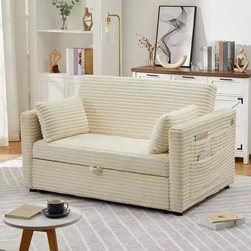 Loveseat Sleeper Sofa Bed, Pull Out Sofa Bed with Charging Ports and Side Pockets, Corduroy Couch with Adjustable Backrest for Living Room, Bedroom