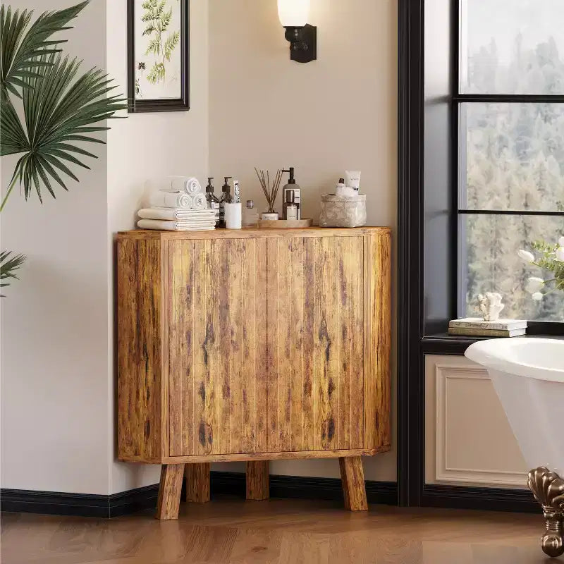 Armario esquinero, mueble de almacenamiento esquinero triangular de estilo rústico de 3 niveles con puerta estriada y estante ajustable, armario auxiliar de 80 cm que ahorra espacio para cocina