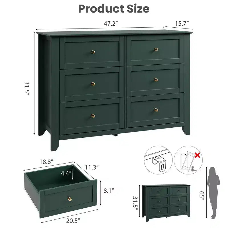 Cómoda de 6 cajones para dormitorio, cómoda grande con cajones profundos y pomos de metal, cómoda de madera moderna para entrada, pasillo