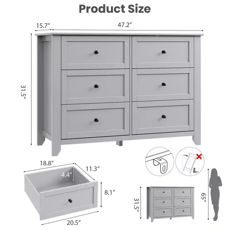 Cómoda de 6 cajones para dormitorio, cómoda grande con cajones profundos y pomos de metal, cómoda de madera moderna para entrada, pasillo