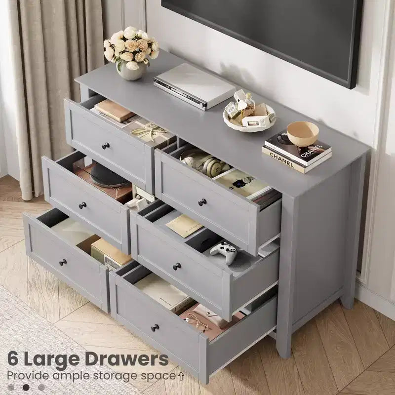 Cómoda de 6 cajones para dormitorio, cómoda grande con cajones profundos y pomos de metal, cómoda de madera moderna para entrada, pasillo