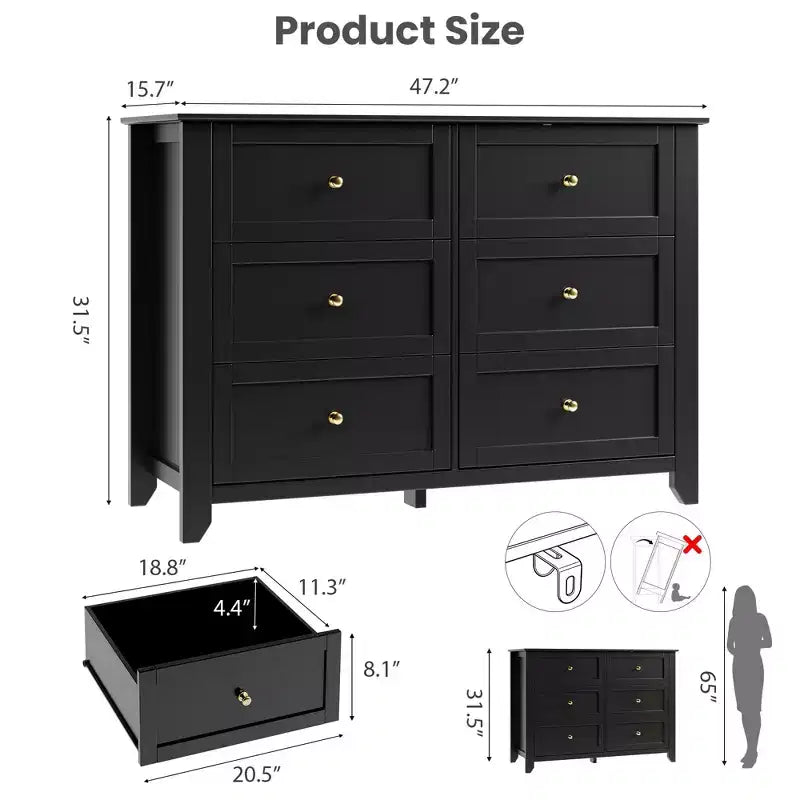 Cómoda de 6 cajones para dormitorio, cómoda grande con cajones profundos y pomos de metal, cómoda de madera moderna para entrada, pasillo