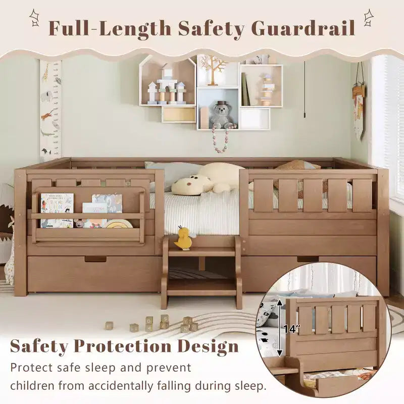 Cama infantil Queen Size con 14 barandillas de seguridad, estructura de cama que ahorra espacio con estanterías integradas y 2 cajones de almacenamiento debajo de la cama