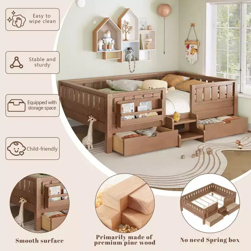 Cama infantil Queen Size con 14 barandillas de seguridad, estructura de cama que ahorra espacio con estanterías integradas y 2 cajones de almacenamiento debajo de la cama