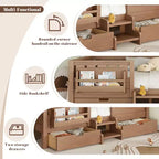 Cama infantil Queen Size con 14 barandillas de seguridad, estructura de cama que ahorra espacio con estanterías integradas y 2 cajones de almacenamiento debajo de la cama
