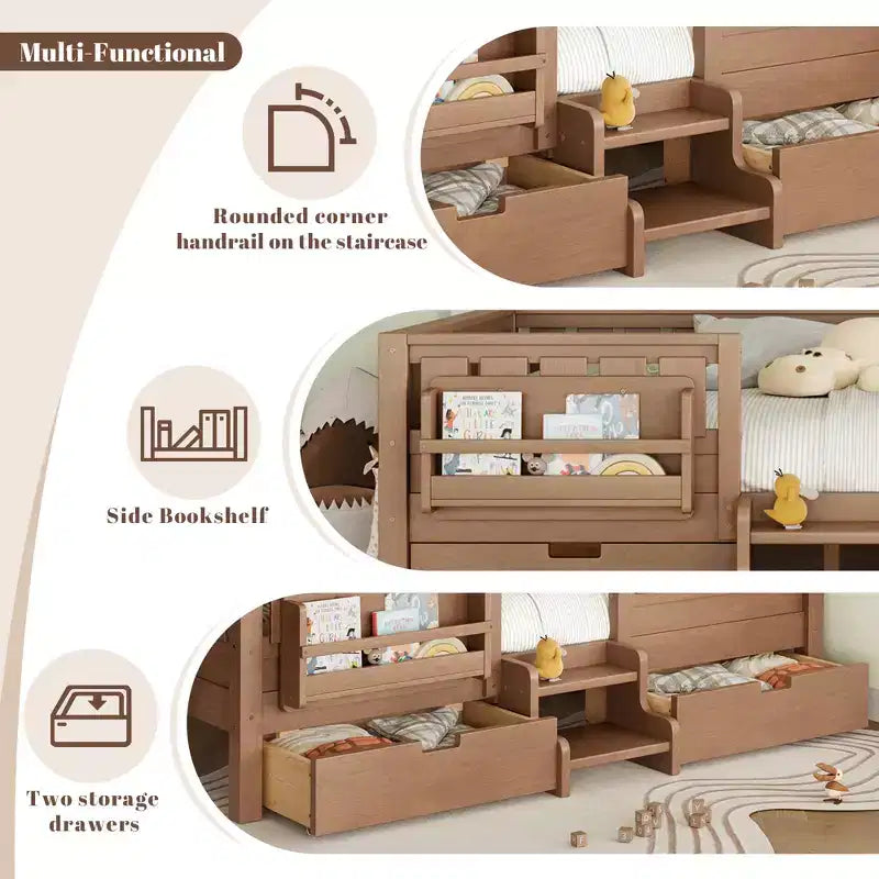 Cama infantil Queen Size con 14 barandillas de seguridad, estructura de cama que ahorra espacio con estanterías integradas y 2 cajones de almacenamiento debajo de la cama
