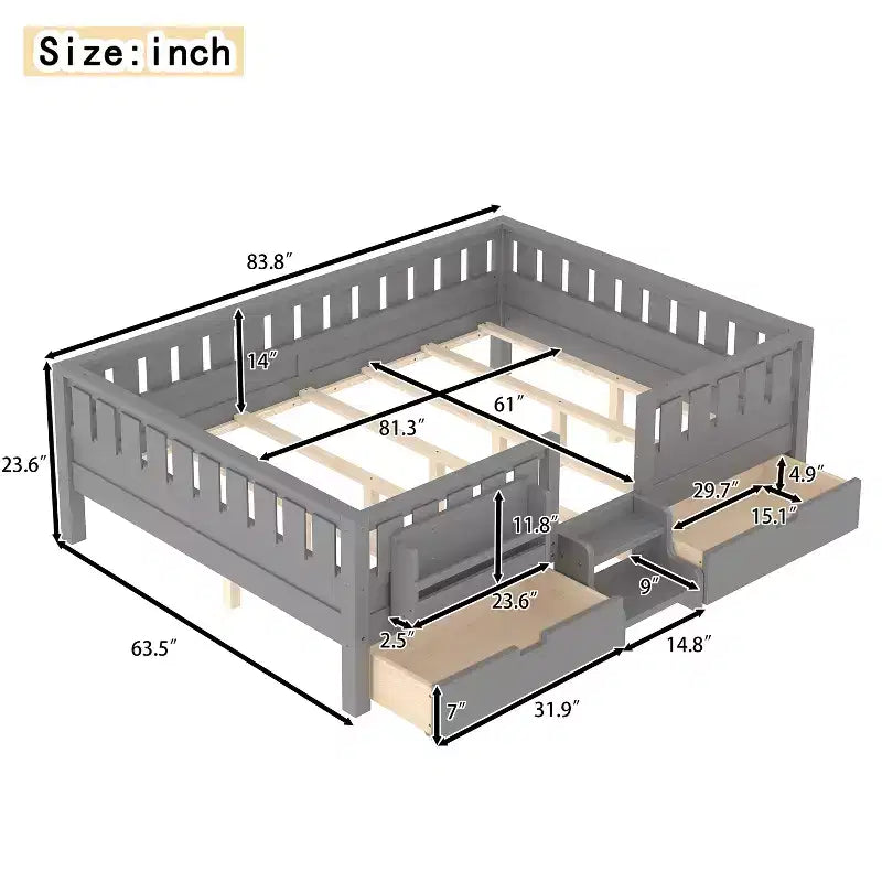 Cama infantil Queen Size con 14 barandillas de seguridad, estructura de cama que ahorra espacio con estanterías integradas y 2 cajones de almacenamiento debajo de la cama