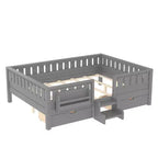 Cama infantil Queen Size con 14 barandillas de seguridad, estructura de cama que ahorra espacio con estanterías integradas y 2 cajones de almacenamiento debajo de la cama