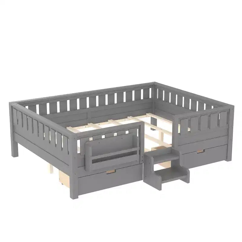 Cama infantil Queen Size con 14 barandillas de seguridad, estructura de cama que ahorra espacio con estanterías integradas y 2 cajones de almacenamiento debajo de la cama