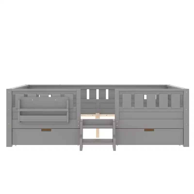 Cama infantil Queen Size con 14 barandillas de seguridad, estructura de cama que ahorra espacio con estanterías integradas y 2 cajones de almacenamiento debajo de la cama