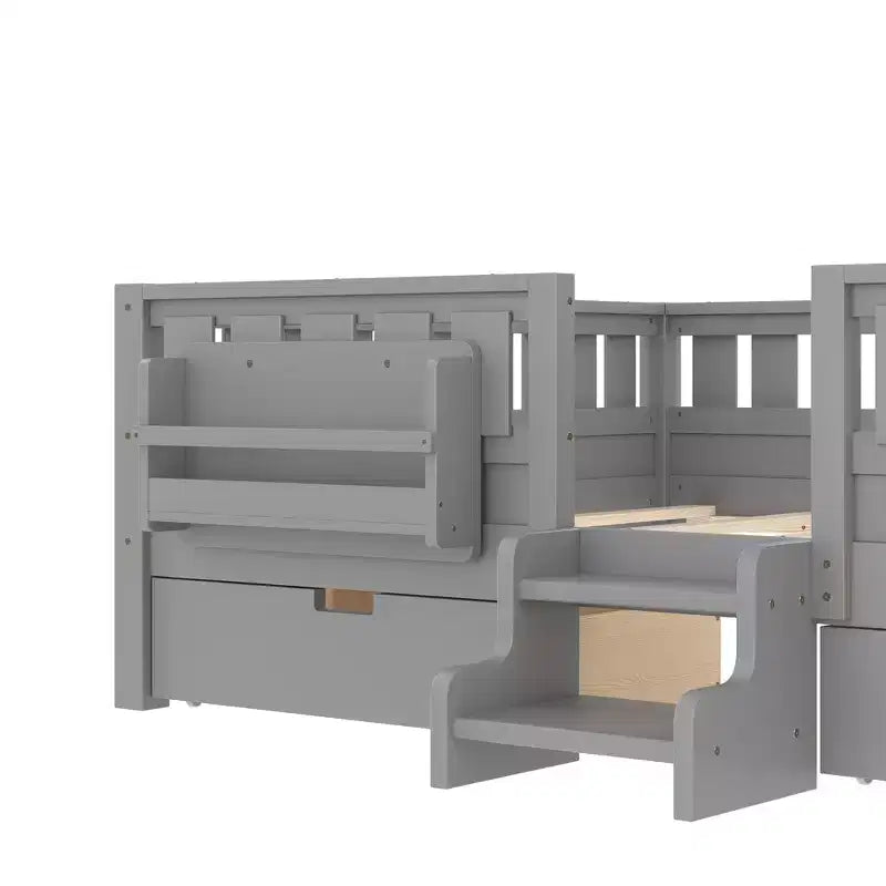 Cama infantil Queen Size con 14 barandillas de seguridad, estructura de cama que ahorra espacio con estanterías integradas y 2 cajones de almacenamiento debajo de la cama