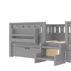 Cama infantil Queen Size con 14 barandillas de seguridad, estructura de cama que ahorra espacio con estanterías integradas y 2 cajones de almacenamiento debajo de la cama