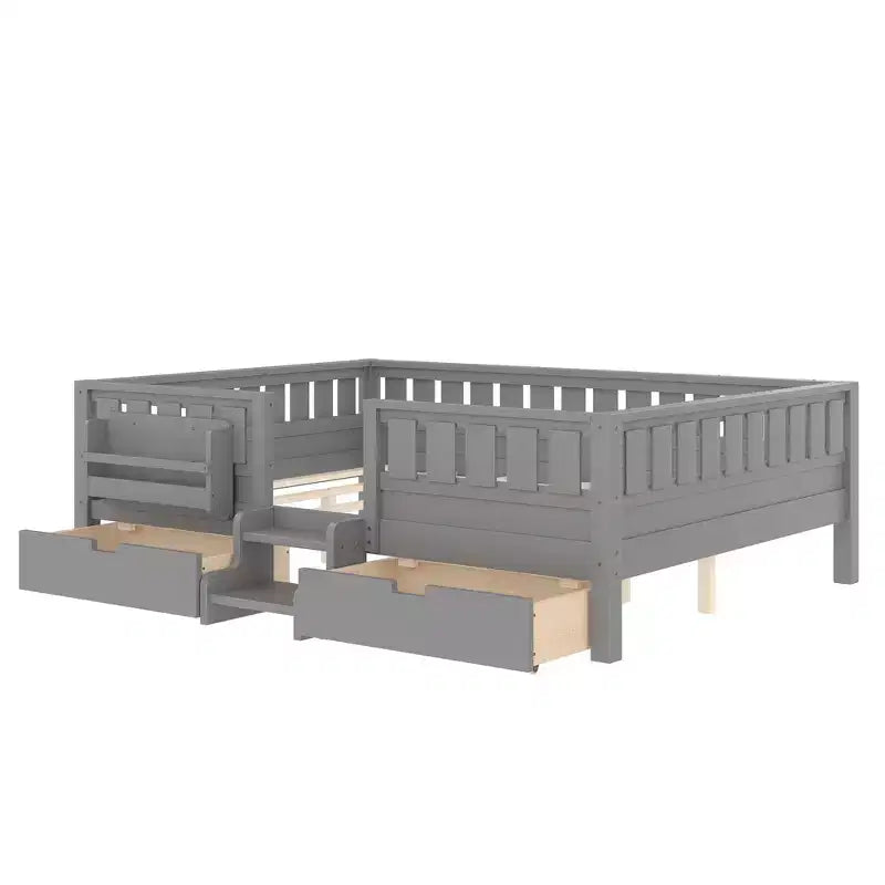 Cama infantil Queen Size con 14 barandillas de seguridad, estructura de cama que ahorra espacio con estanterías integradas y 2 cajones de almacenamiento debajo de la cama