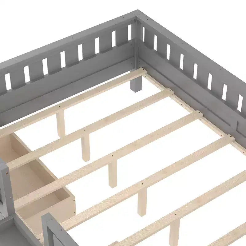 Cama infantil Queen Size con 14 barandillas de seguridad, estructura de cama que ahorra espacio con estanterías integradas y 2 cajones de almacenamiento debajo de la cama