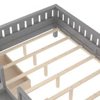 Cama infantil Queen Size con 14 barandillas de seguridad, estructura de cama que ahorra espacio con estanterías integradas y 2 cajones de almacenamiento debajo de la cama