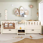 Cama infantil Queen Size con 14 barandillas de seguridad, estructura de cama que ahorra espacio con estanterías integradas y 2 cajones de almacenamiento debajo de la cama