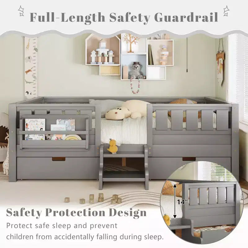 Cama infantil Queen Size con 14 barandillas de seguridad, estructura de cama que ahorra espacio con estanterías integradas y 2 cajones de almacenamiento debajo de la cama