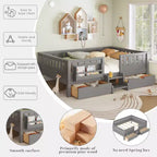 Cama infantil Queen Size con 14 barandillas de seguridad, estructura de cama que ahorra espacio con estanterías integradas y 2 cajones de almacenamiento debajo de la cama