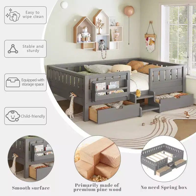 Cama infantil Queen Size con 14 barandillas de seguridad, estructura de cama que ahorra espacio con estanterías integradas y 2 cajones de almacenamiento debajo de la cama