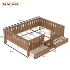 Cama infantil Queen Size con 14 barandillas de seguridad, estructura de cama que ahorra espacio con estanterías integradas y 2 cajones de almacenamiento debajo de la cama