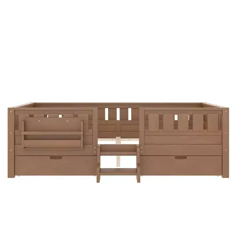 Cama infantil Queen Size con 14 barandillas de seguridad, estructura de cama que ahorra espacio con estanterías integradas y 2 cajones de almacenamiento debajo de la cama