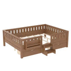 Cama infantil Queen Size con 14 barandillas de seguridad, estructura de cama que ahorra espacio con estanterías integradas y 2 cajones de almacenamiento debajo de la cama