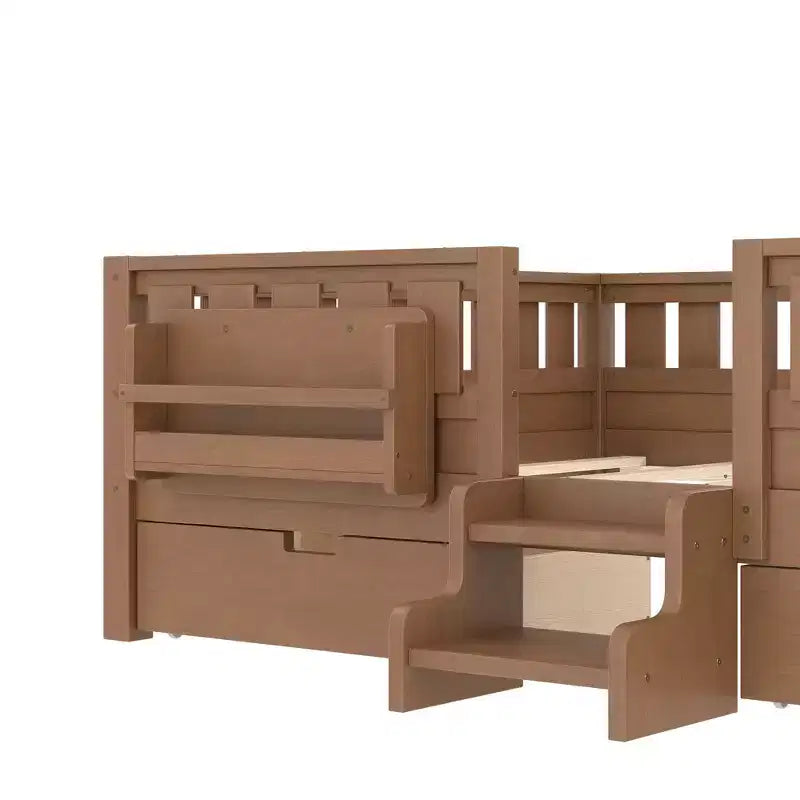 Cama infantil Queen Size con 14 barandillas de seguridad, estructura de cama que ahorra espacio con estanterías integradas y 2 cajones de almacenamiento debajo de la cama