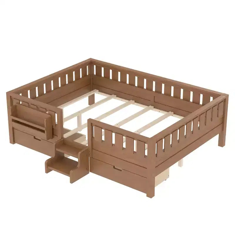 Cama infantil Queen Size con 14 barandillas de seguridad, estructura de cama que ahorra espacio con estanterías integradas y 2 cajones de almacenamiento debajo de la cama