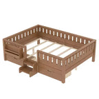 Cama infantil Queen Size con 14 barandillas de seguridad, estructura de cama que ahorra espacio con estanterías integradas y 2 cajones de almacenamiento debajo de la cama