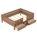 Cama infantil Queen Size con 14 barandillas de seguridad, estructura de cama que ahorra espacio con estanterías integradas y 2 cajones de almacenamiento debajo de la cama