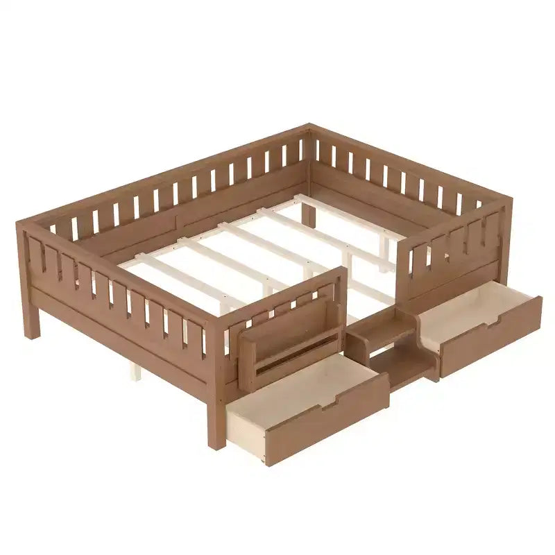 Cama infantil Queen Size con 14 barandillas de seguridad, estructura de cama que ahorra espacio con estanterías integradas y 2 cajones de almacenamiento debajo de la cama