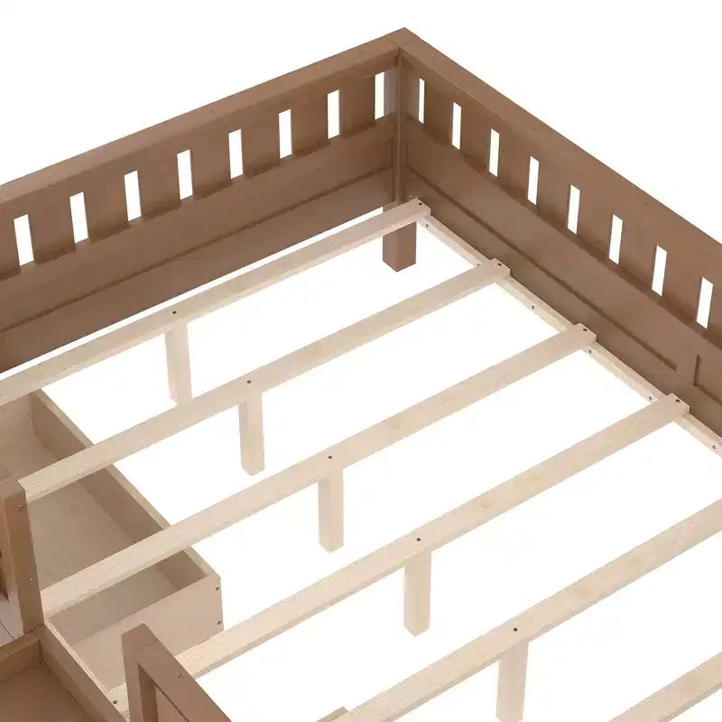 Cama infantil Queen Size con 14 barandillas de seguridad, estructura de cama que ahorra espacio con estanterías integradas y 2 cajones de almacenamiento debajo de la cama