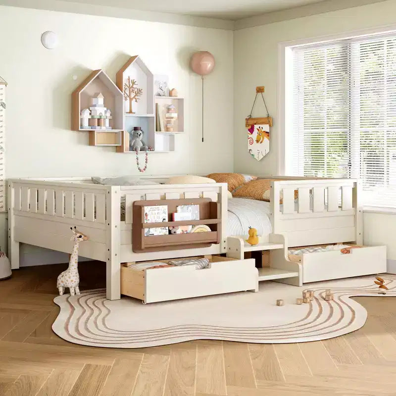 Cama infantil Queen Size con 14 barandillas de seguridad, estructura de cama que ahorra espacio con estanterías integradas y 2 cajones de almacenamiento debajo de la cama