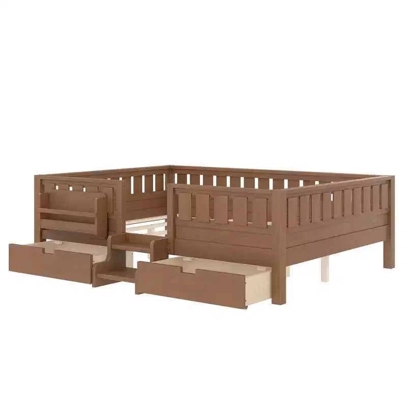 Cama infantil Queen Size con 14 barandillas de seguridad, estructura de cama que ahorra espacio con estanterías integradas y 2 cajones de almacenamiento debajo de la cama