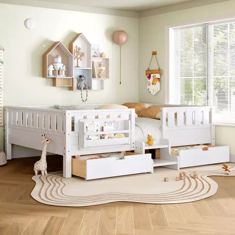 Cama infantil Queen Size con 14 barandillas de seguridad, estructura de cama que ahorra espacio con estanterías integradas y 2 cajones de almacenamiento debajo de la cama