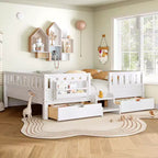 Cama infantil Queen Size con 14 barandillas de seguridad, estructura de cama que ahorra espacio con estanterías integradas y 2 cajones de almacenamiento debajo de la cama
