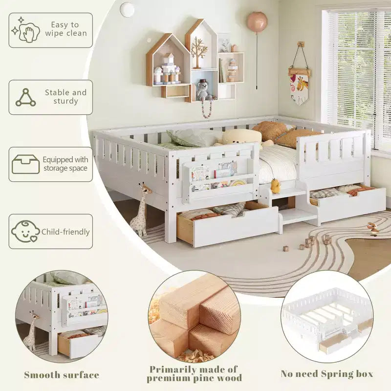 Cama infantil Queen Size con 14 barandillas de seguridad, estructura de cama que ahorra espacio con estanterías integradas y 2 cajones de almacenamiento debajo de la cama