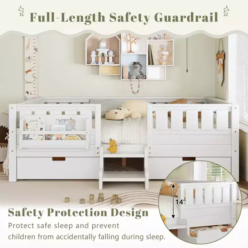 Cama infantil Queen Size con 14 barandillas de seguridad, estructura de cama que ahorra espacio con estanterías integradas y 2 cajones de almacenamiento debajo de la cama