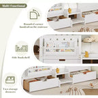 Cama infantil Queen Size con 14 barandillas de seguridad, estructura de cama que ahorra espacio con estanterías integradas y 2 cajones de almacenamiento debajo de la cama